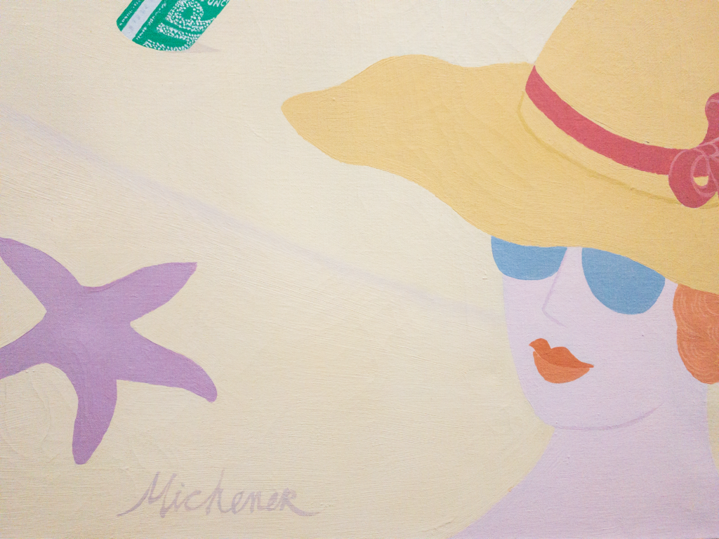 Close up of artist signature and woman in sun hat. Robert Michener painting 'The Good Old Days Were Never Like This'
