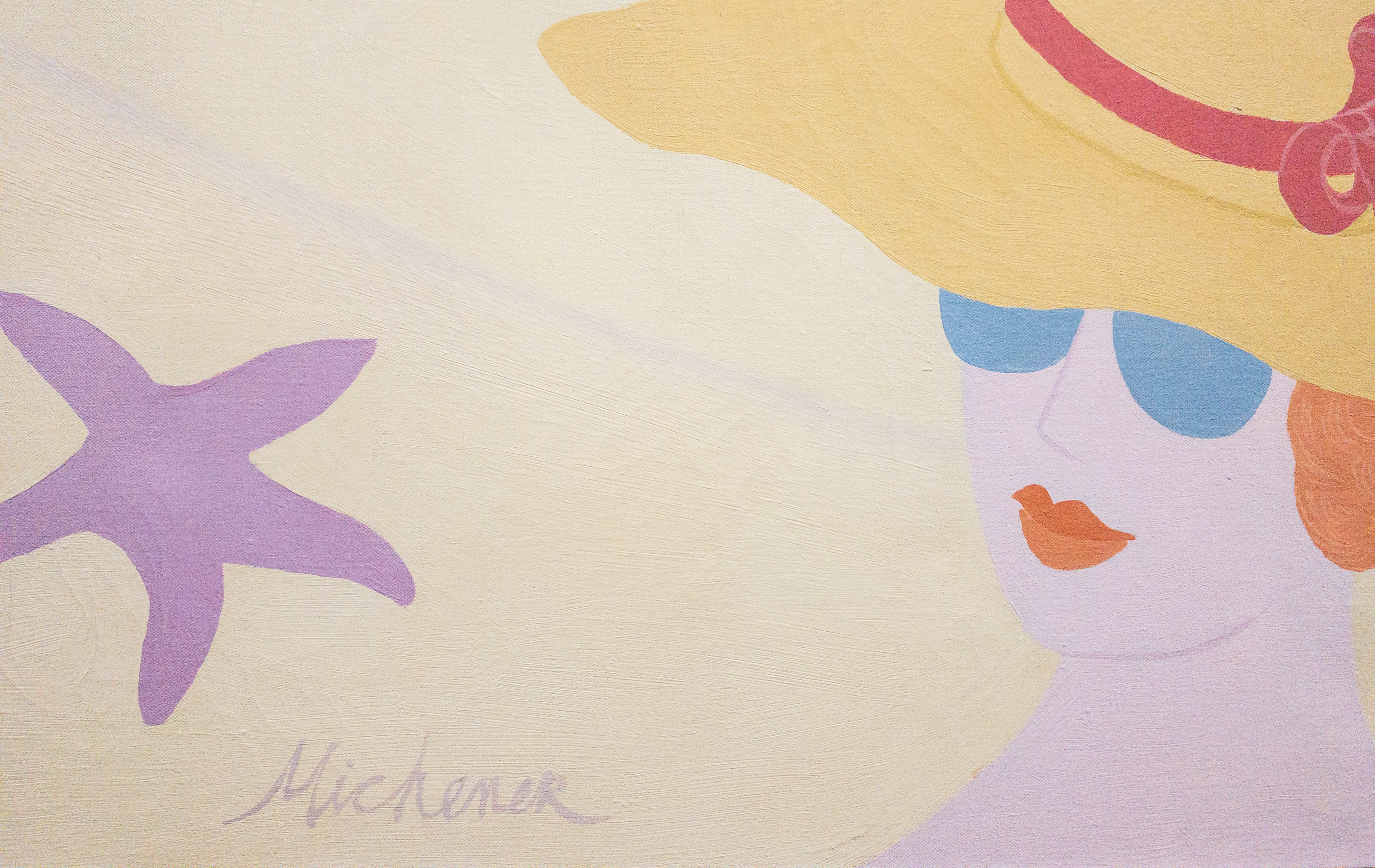 Close up of artist signature and woman in sun hat. Robert Michener painting 'The Good Old Days Were Never Like This'